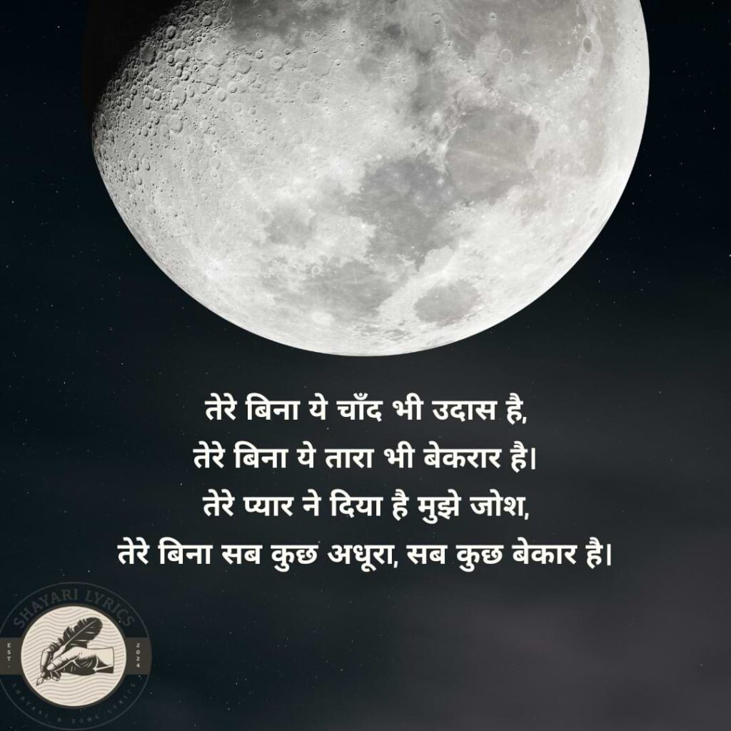 तेरे बिना ये चाँद भी उदास है, तेरे बिना ये तारा भी बेकरार है। तेरे प्यार ने दिया है मुझे जोश, तेरे बिना सब कुछ अधूरा, सब कुछ बेकार है।