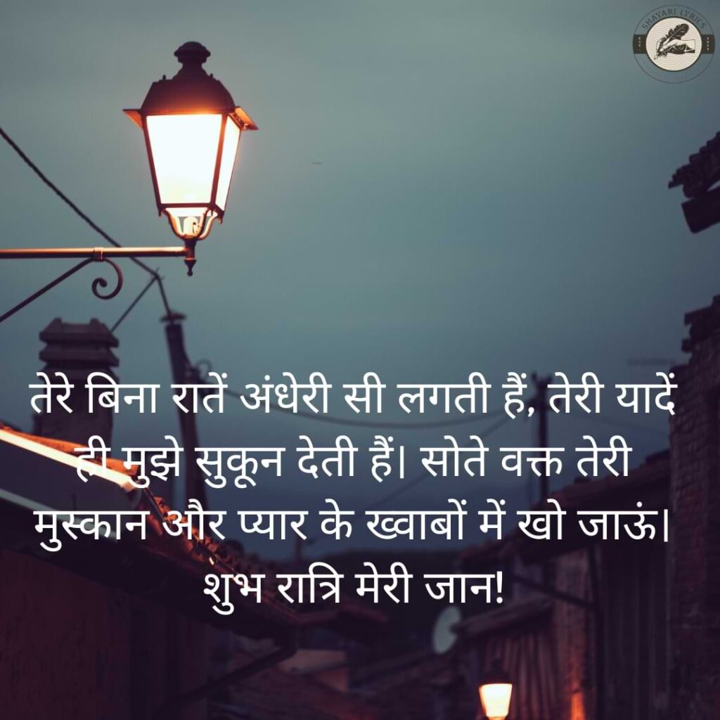 तेरे बिना रातें अंधेरी सी लगती हैं, तेरी यादें ही मुझे सुकून देती हैं। सोते वक्त तेरी मुस्कान और प्यार के ख्वाबों में खो जाऊं। शुभ रात्रि मेरी जान!