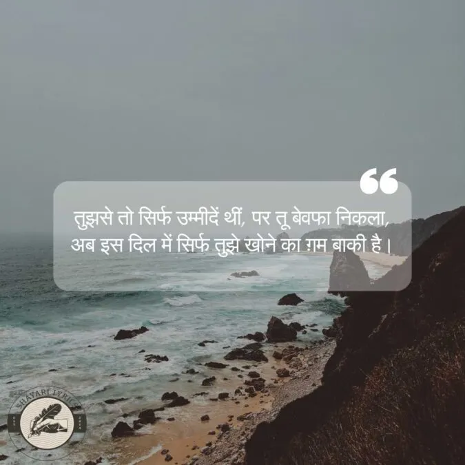 तुझसे तो सिर्फ उम्मीदें थीं, पर तू बेवफा निकला, अब इस दिल में सिर्फ तुझे खोने का ग़म बाकी है।