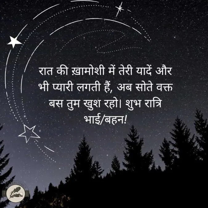 रात की ख़ामोशी में तेरी यादें और भी प्यारी लगती हैं, अब सोते वक्त बस तुम खुश रहो। शुभ रात्रि भाई/बहन!