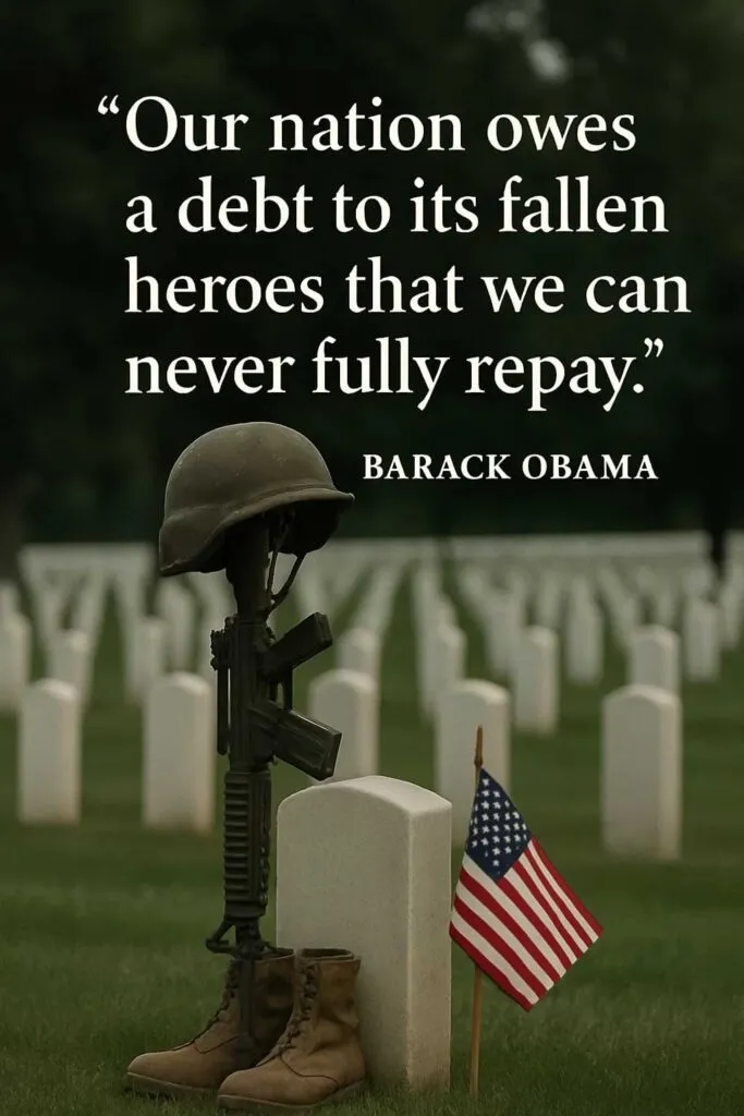 💬 “Our nation owes a debt to its fallen heroes that we can never fully repay.” – Barack Obama