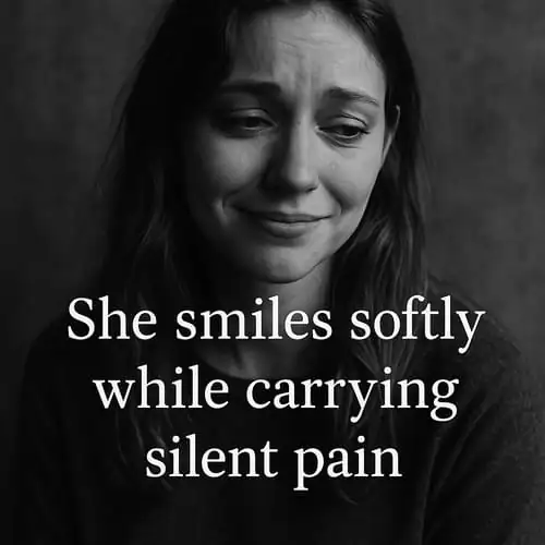 “She smiles softly while carrying silent pain.”